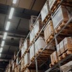 Rafları dolu büyük bir depo koridoru
